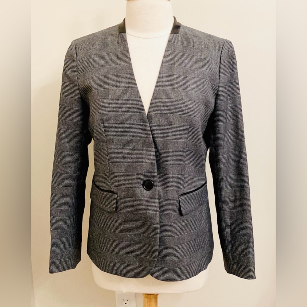 Black Label by Evan Picone Grey Plaid Leather 8 Preppy Corporate Blazer Jacket